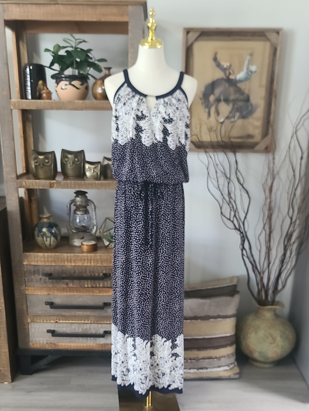 Enfocus Studio Navy and White Printed Lace-Trim Maxi Dress